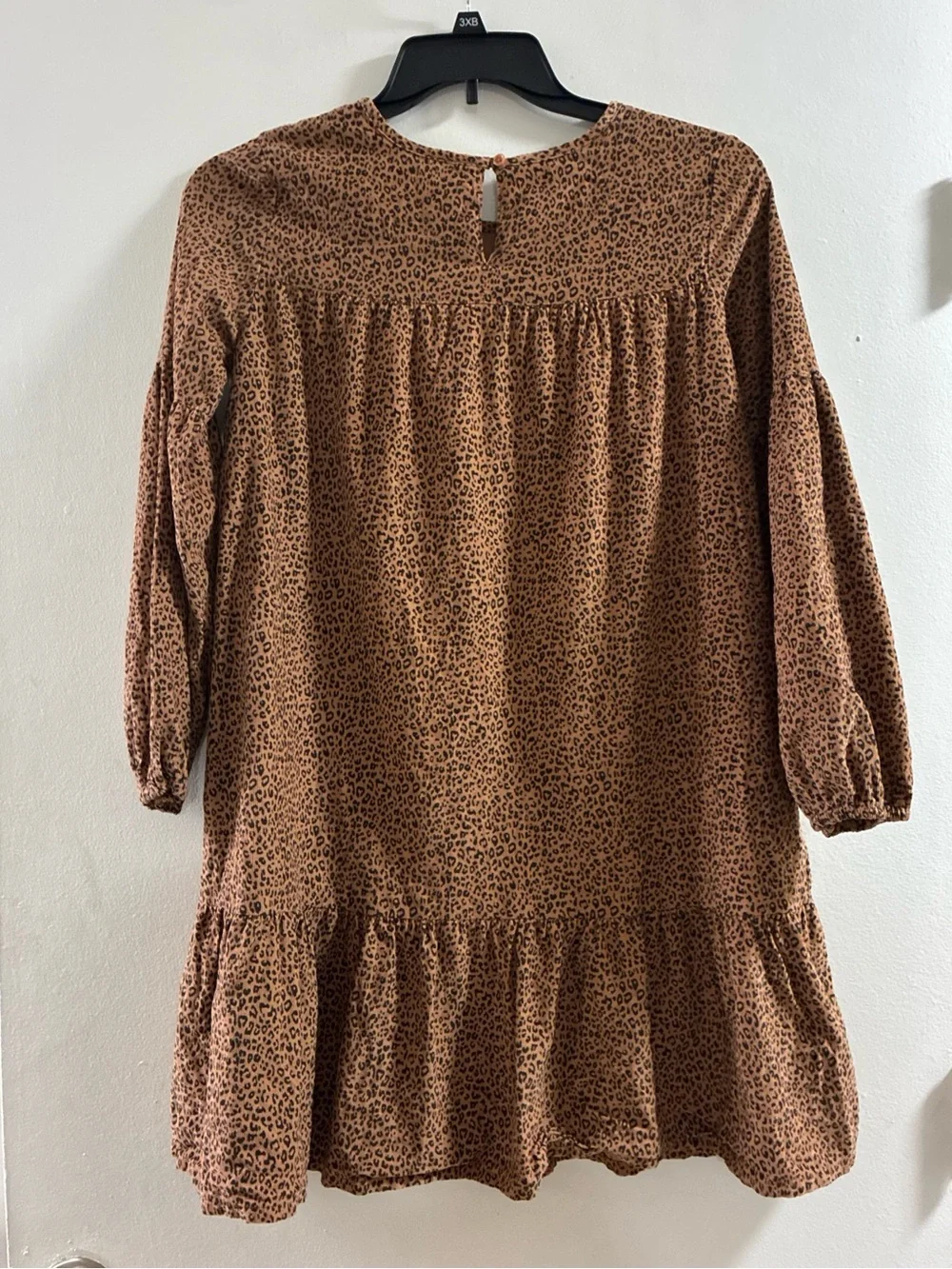 Girls Brown Leopard Print Long Sleeve Ballon Ruffled Dress